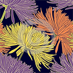 Seamless pattern with chrysanthemums in old color on dark