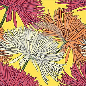 Seamless pattern with chrysanthemums in red orange beige on yellow