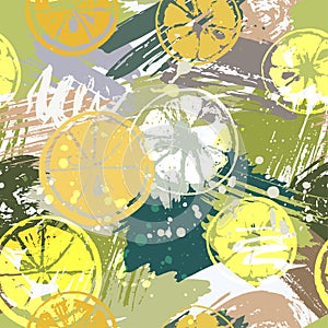 Seamless pattern with citrus fruits on abstract watercolor stains, paint brushes freehand strokes