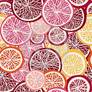 Seamless pattern of citrus, lemon, grapefruit, orange, tangerine in flat modern style. Bright design for paper, fabric.