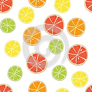 Seamless pattern with citrus. Slices of lime, orange, grapefruit, lemon. Bright pieces on white background. Candy sweet