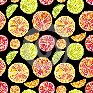 Seamless pattern of citrus slices orange, lemon, tangerine, lime on a black background