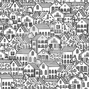 Seamless pattern with city houses and trees.