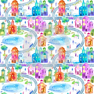 Seamless pattern with city,road,park and lake.Colorful house.