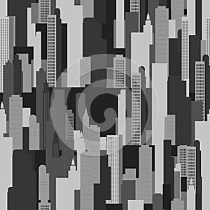 A seamless pattern of a city skyline in black and white