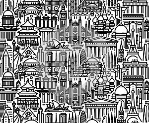 Seamless pattern with cityscape of worlds most popular tourist attractions. Modern flat line vector background