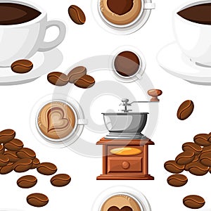 Seamless pattern of classic coffee grinder with a bunch of coffee beans manual coffee mill and a cup of coffee cup vector illustra