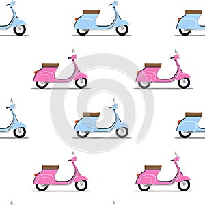 Seamless pattern of the classic pink and blue moped.