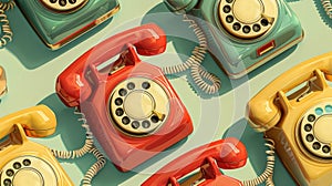 A seamless pattern of classic rotary dial telephones from the mid-20th century in a variety of colors, including cherry photo