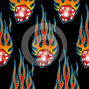 Seamless pattern with classic tribal hotrod muscle car flames and dice graphic isolated on black background.