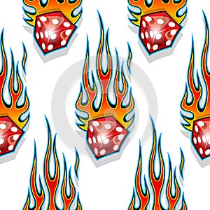 Seamless pattern with classic tribal hotrod muscle car flames and dice graphic isolated on white background.