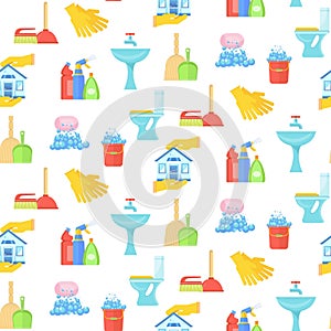 Seamless pattern with cleaning tools in bathroom.