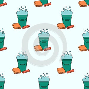 Seamless Pattern with Cleaning Tools Elements. Bucket of rags. Vector Flat illustration.