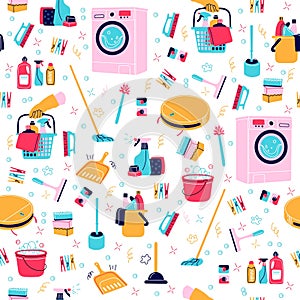 Seamless pattern with cleaning tools. Household equipment. Detergent bottles and washing machine. Vacuum cleaner. Decor