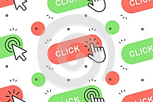 Seamless pattern with Click here button with hand icon and Click here button with Cursor icon