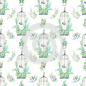 Seamless pattern of a clock,boat,cage with a bird, airplane, cactus,bootle, letter and floral. photo