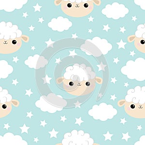 Seamless Pattern. Cloud star in the sky. Sheep face head icon. Cute cartoon kawaii funny smiling baby character. Wrapping paper,