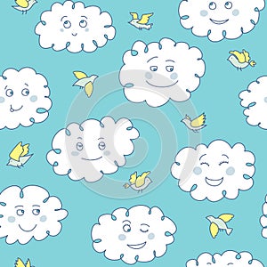 Seamless pattern with clouds and birds