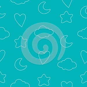 Seamless pattern with clouds, hearts, moons and stars.