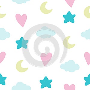 Seamless pattern with clouds, hearts, moons and stars.