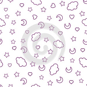 Seamless pattern with clouds, moon, stars, and in the doodle