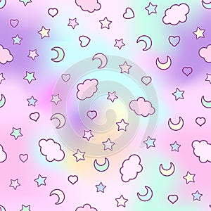 Seamless pattern with clouds, moon, stars, and in the doodle