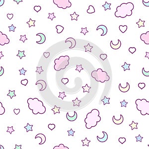 Seamless pattern with clouds, moon, stars, and in the doodle