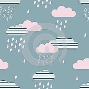 Seamless pattern of clouds and rain drops. Rainy background