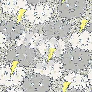 Seamless Pattern with clouds, rain, ligntning and thunder