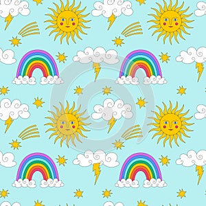 Seamless pattern with clouds, rainbow, sun. Cute elements with an outline in retro vintage style. Great for children`s and home