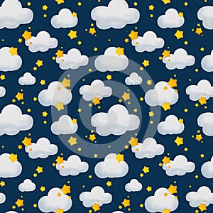 Seamless pattern of clouds and stars. Children illustration of the sky. Dark background