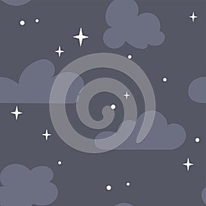 A seamless pattern with clouds and stars in the sky