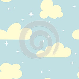 Seamless pattern with clouds and stars in the sky