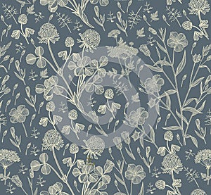 Seamless pattern Clover Flax isolated flowers Vintage background Drawing engraving Vector illustration