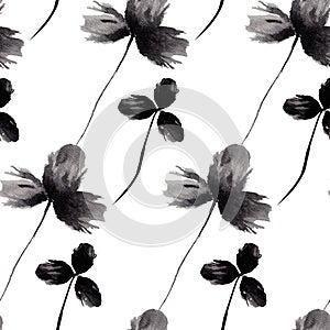 Seamless pattern with clover leaves, flowers. Hand drawn ink graphics. Vintage style. Design suitable for fabric