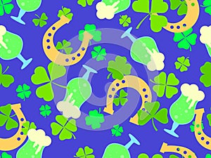 Seamless pattern with clover leaves, glasses of beer and horseshoes for St. Patrick\'s Day