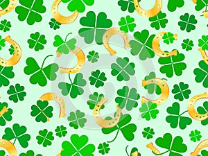 Seamless pattern with clover leaves and horseshoes for St. Patrick\'s Day. Clover leaves and a horseshoe