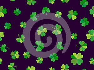 Seamless pattern with clover for Saint Patrick`s Day. Green shades of four-leafed and three-leafed clover
