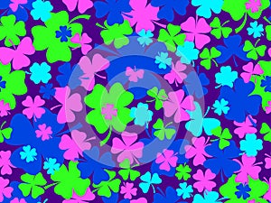 Seamless pattern with clovers for St. Patrick\'s Day. Multi-colored four-leaf and three-leaf clover leaves
