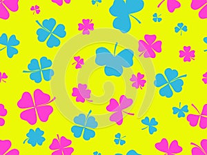 Seamless pattern with clovers for St. Patrick\'s Day. Multi-colored four-leaf and three-leaf clover leaves