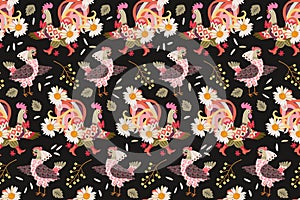 Seamless pattern with cockerels and chickens, leaves, flowers and bird cherry berries on black background. Print for fabric