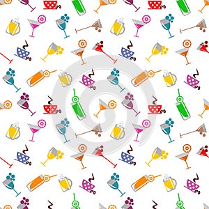 Seamless pattern with cocktail, glass, wine glass, beer glass, fruits on the white background