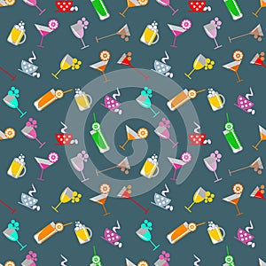 Seamless pattern with cocktail with glasses with wine, beer, juice and fruits on the blue background