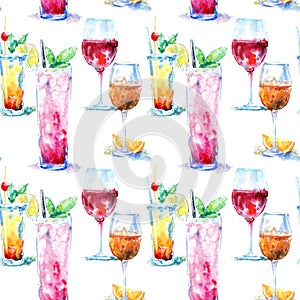 Seamless pattern of a cocktail with lemon and mint,red wine,aperol .Picture of a alcoholic drink.