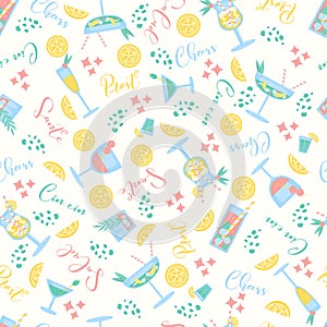 Seamless pattern with cocktails cheers, prost, cin cin, salud, sante words. Party, pub, restoraunt or club element. fresh and cold photo
