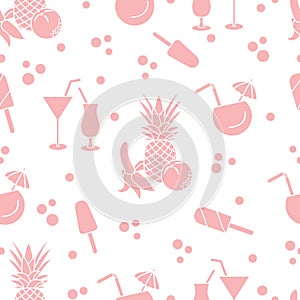 Seamless pattern with cocktails, ice cream, pineapple, orange, banana. Summer rest concept