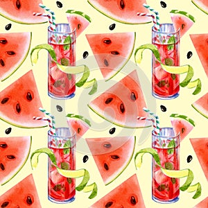 Seamless pattern with cocktails and watermelon  on color background.Watercolor hand drawn illustration