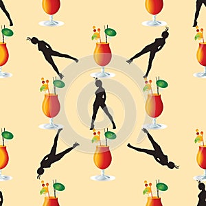 Seamless pattern with coctail drinks and girls