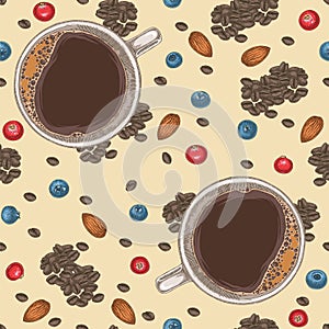 Seamless Pattern with Coffee, Almond and Berries