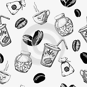 Seamless pattern with coffee attributes in graphic style. Handmade vector illustration with a jar and a bag for coffee, a cup and